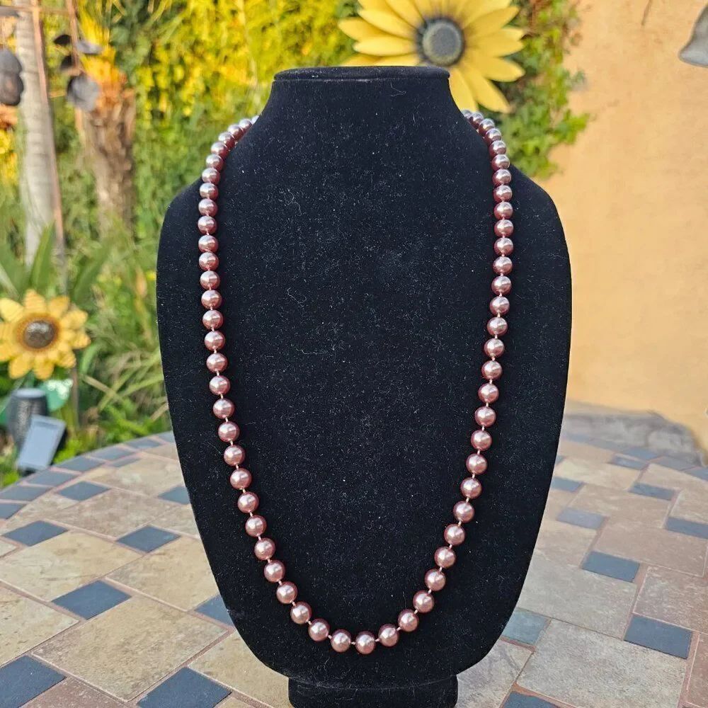 Vintage Mid Century Rose Gold Glass Faux Pearl Necklace